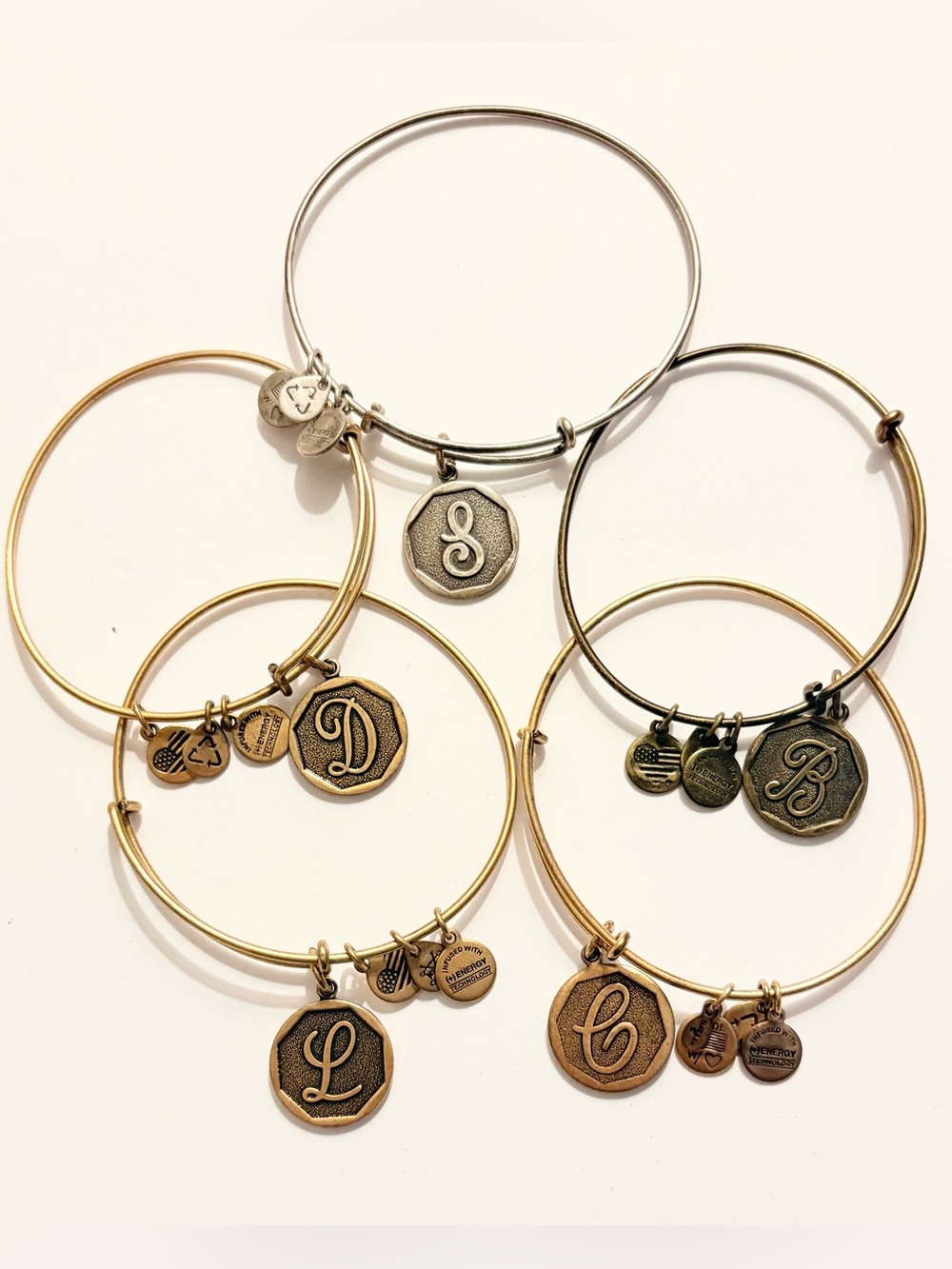 Alex and Ani Initial Charm Bangle Set of 5 in Gold and Silver Tones